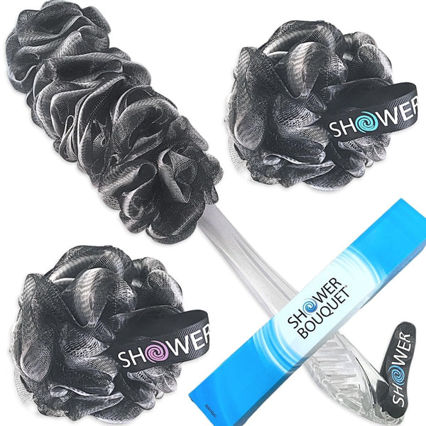 SHOWER BOUQUET Loofah-Charcoal Back-Scrubber & Bath-Sponge Set // 1 Long-Handle-Back-Brush plus 2 Extra Large 75G Soft Mesh Loofa-Lufa-Loufa Puff Poufs, Men & Women - Exfoliate with Full Pure Cleanse