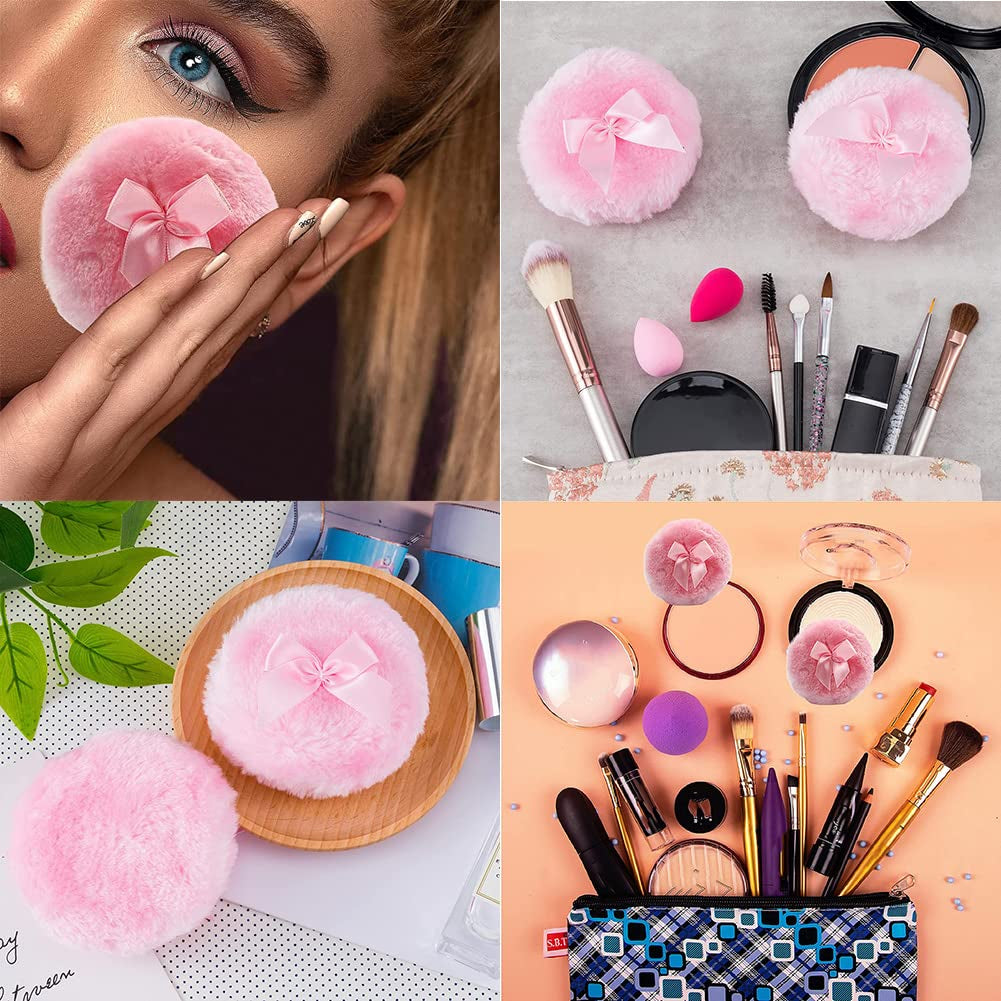 AKOAK 2 Pieces Large Fluffy Powder Puff, 4 "Super Soft Washable Reusable Fluffy Velvet Face Beauty Sponge, Ladies Only, with Bow, for Face and Body, Infants and Adults - Pink