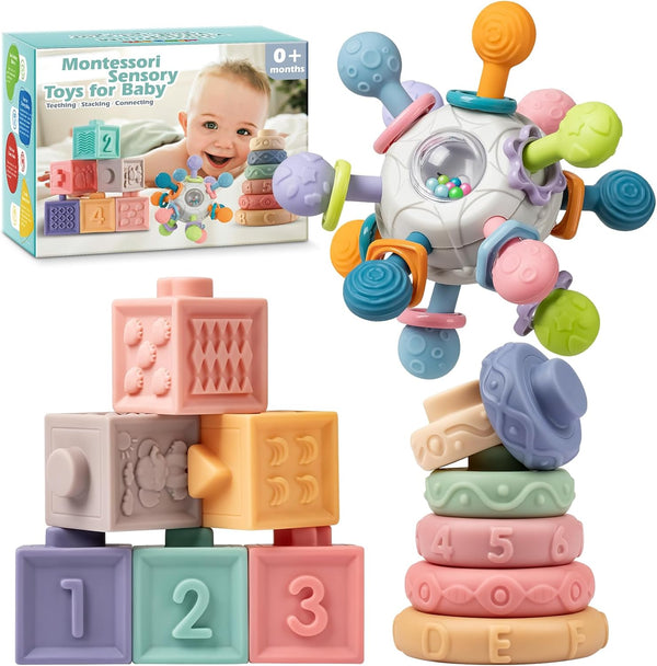 Springflower 3 in 1 Montessori Toys for Babies 0-3-6-12 Months, Rattle Teether & Baby Blocks & Soft Stacking Rings, Sensory Developmental Education Toys,Gift for Toddler Baby 0-3-6-12-18 Months