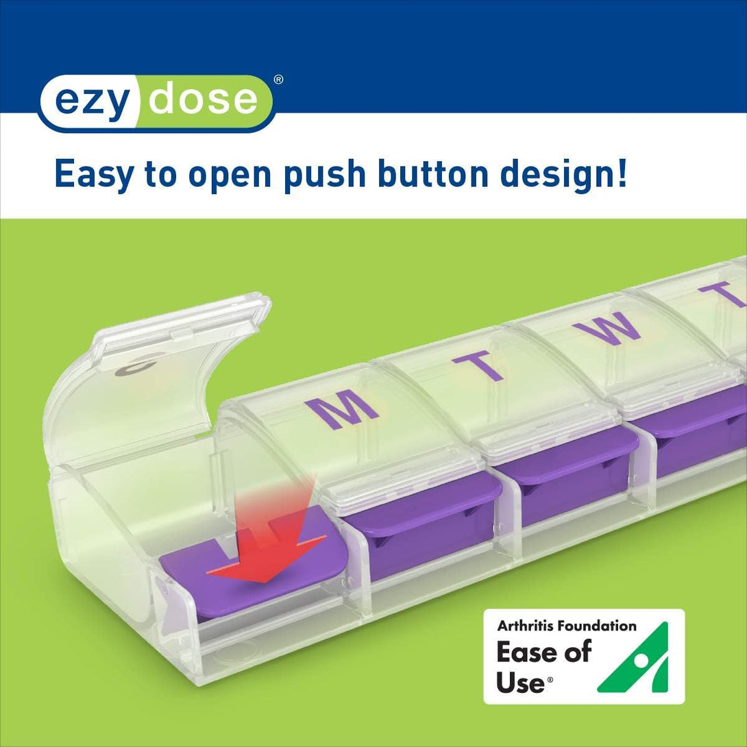 EZY DOSE Weekly (7-Day) Pill Case, Medicine Planner, Vitamin Organizer Box, X-Large Push-Button Compartments, Convenient and Easy to Use, Color May Vary, BPA Free