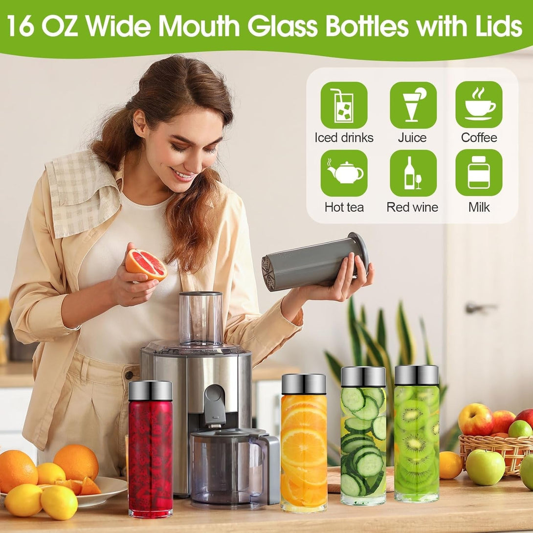 8 Pcs Wide Mouth Glass Water Bottles Reusable Glass Bottles with Lids Leakproof Juice Jars with Lids for Fridge Milk Juicing Smoothies Infused Water Beverage Kombucha Tea Drinking (Silver,16 Oz)