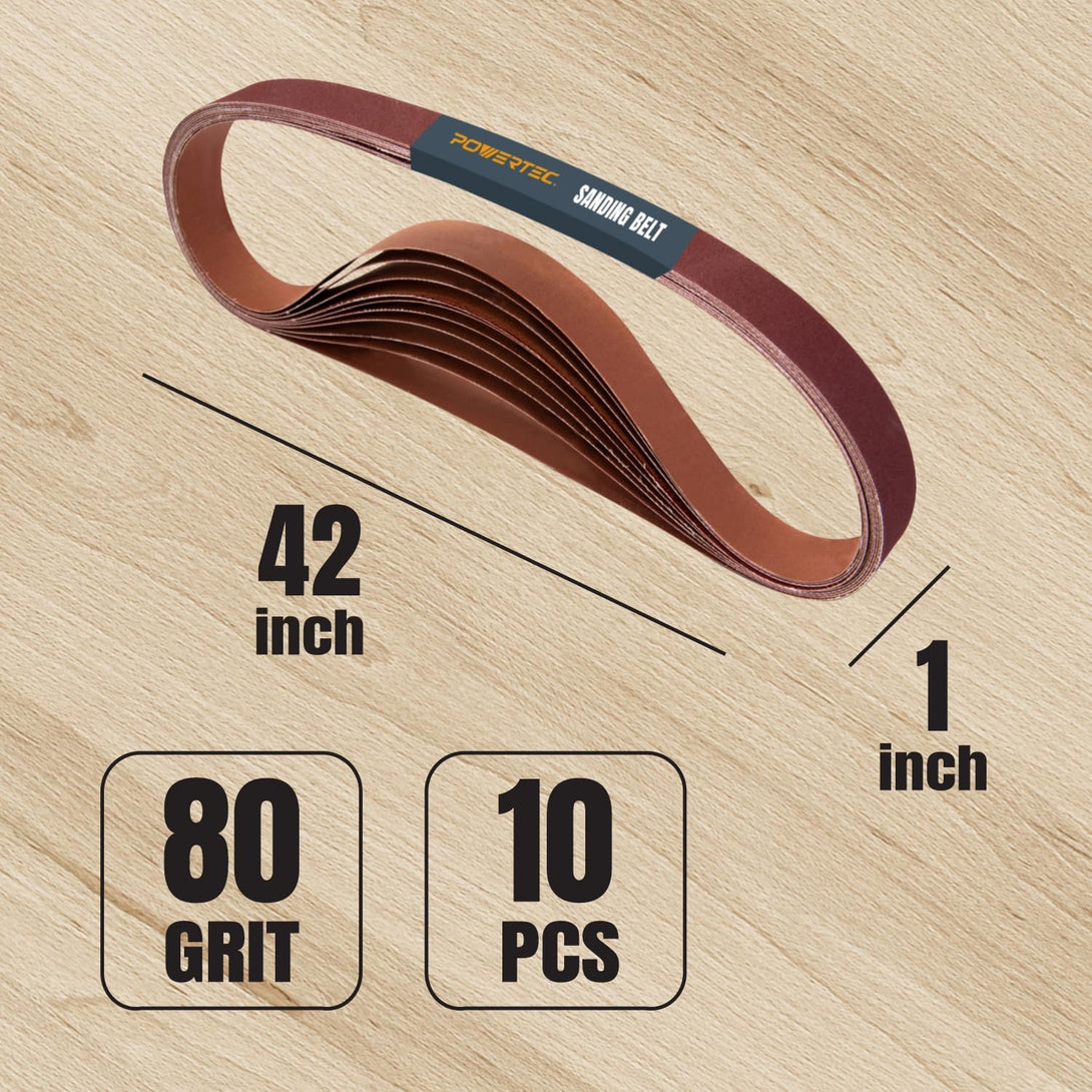 POWERTEC 414208A 1 X 42 Inch Sanding Belts, 80 Grit Aluminum Oxide Belt Sander Sanding Belt for Belt Sander, Belt and Disc Sander, Wood & Paint Sanding, Metal Polishing, 10PK