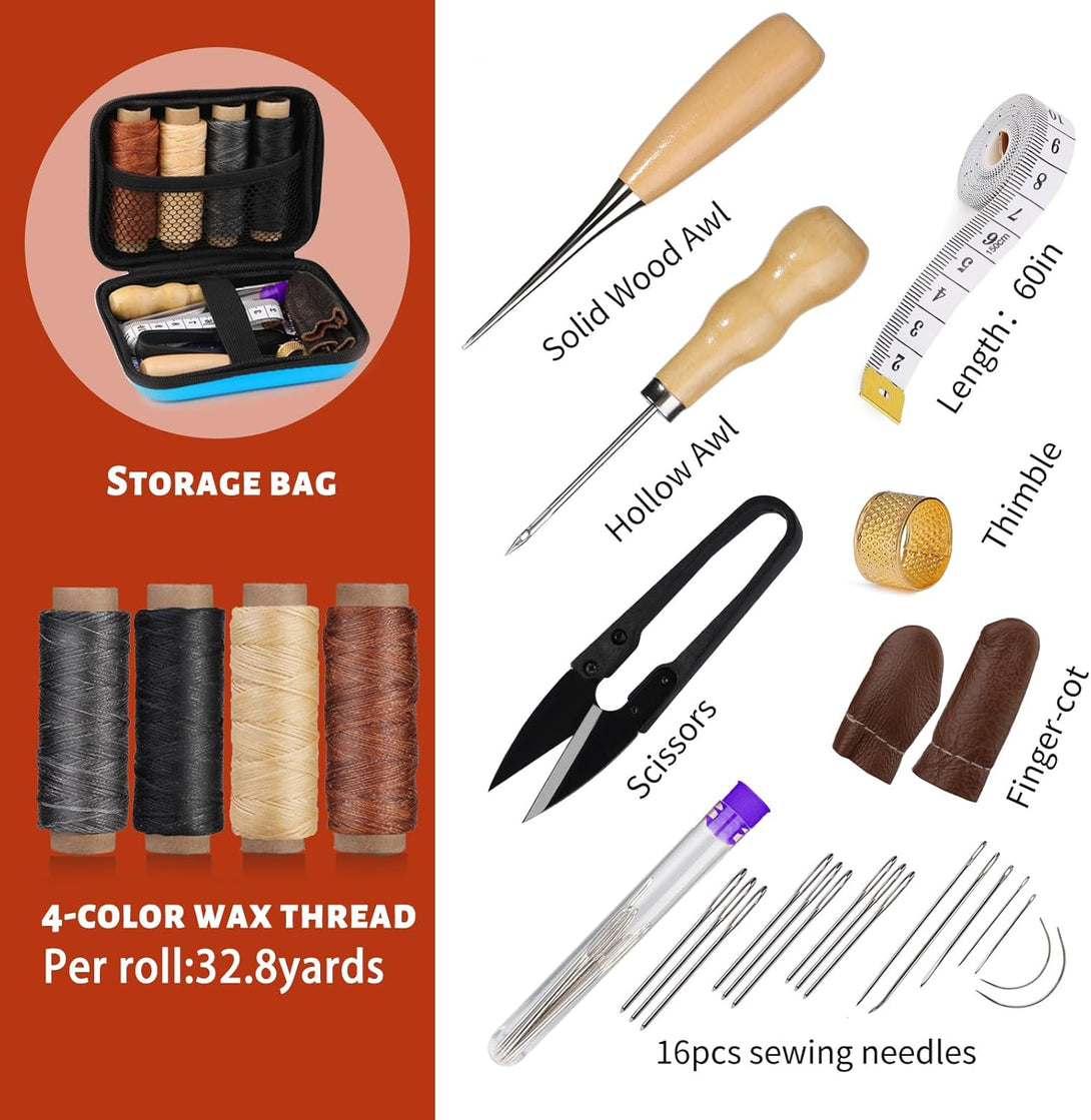 MORFEN Leather Sewing Kit, Leather Stitching Kit, Leather Working Kit with Leather Needles, Sewing Awl, Waxed Thread, Leather Upholstery Repair Kit, Sewing Tools for Hand Stitching DIY Leather Craft