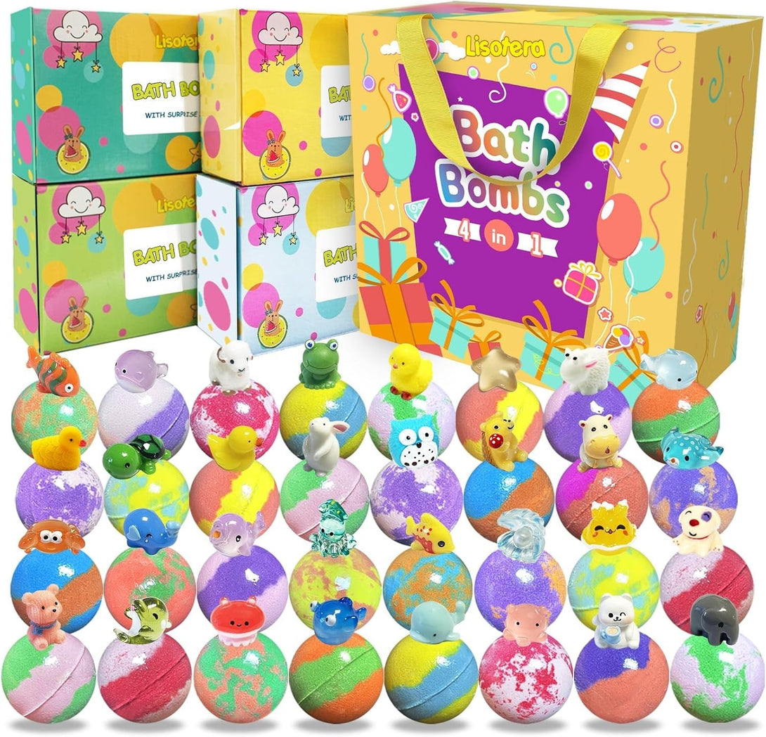 Bath Bombs for Kids with Surprise Inside, 32 Pack Bath Bombs with Land & Sea Animal Toys, Handmade Fizzy Bubble Children Bath Ball Gift Set for Kids Birthday, Christmas, Mothers Day Gifts for Daughter