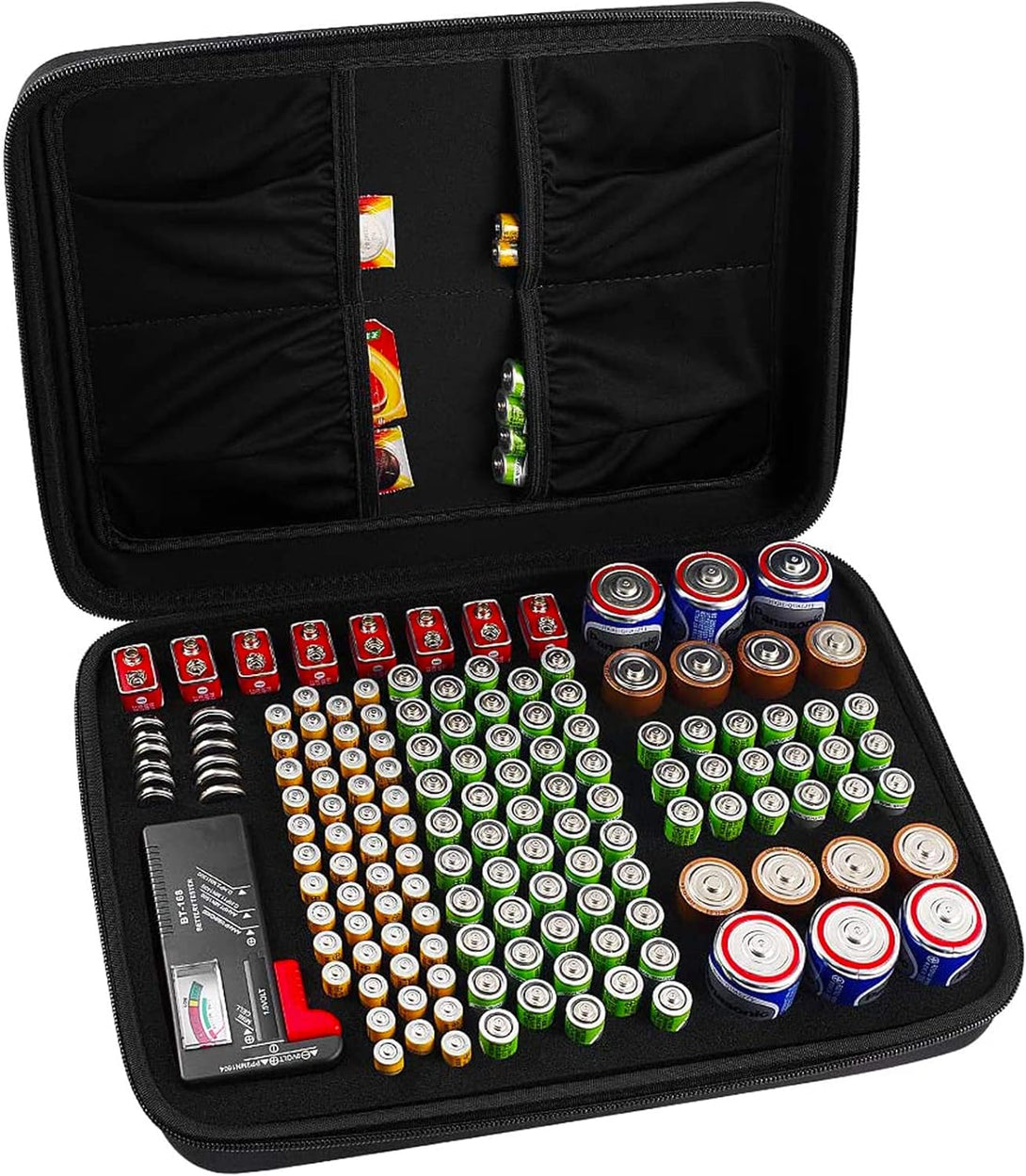 Comecase Hard Battery Organizer Storage Box, Carrying Case Bag Holder - Holds 148 Batteries AA AAA C D 9V - with Battery Tester BT-168 (Batteries Are Not Included)