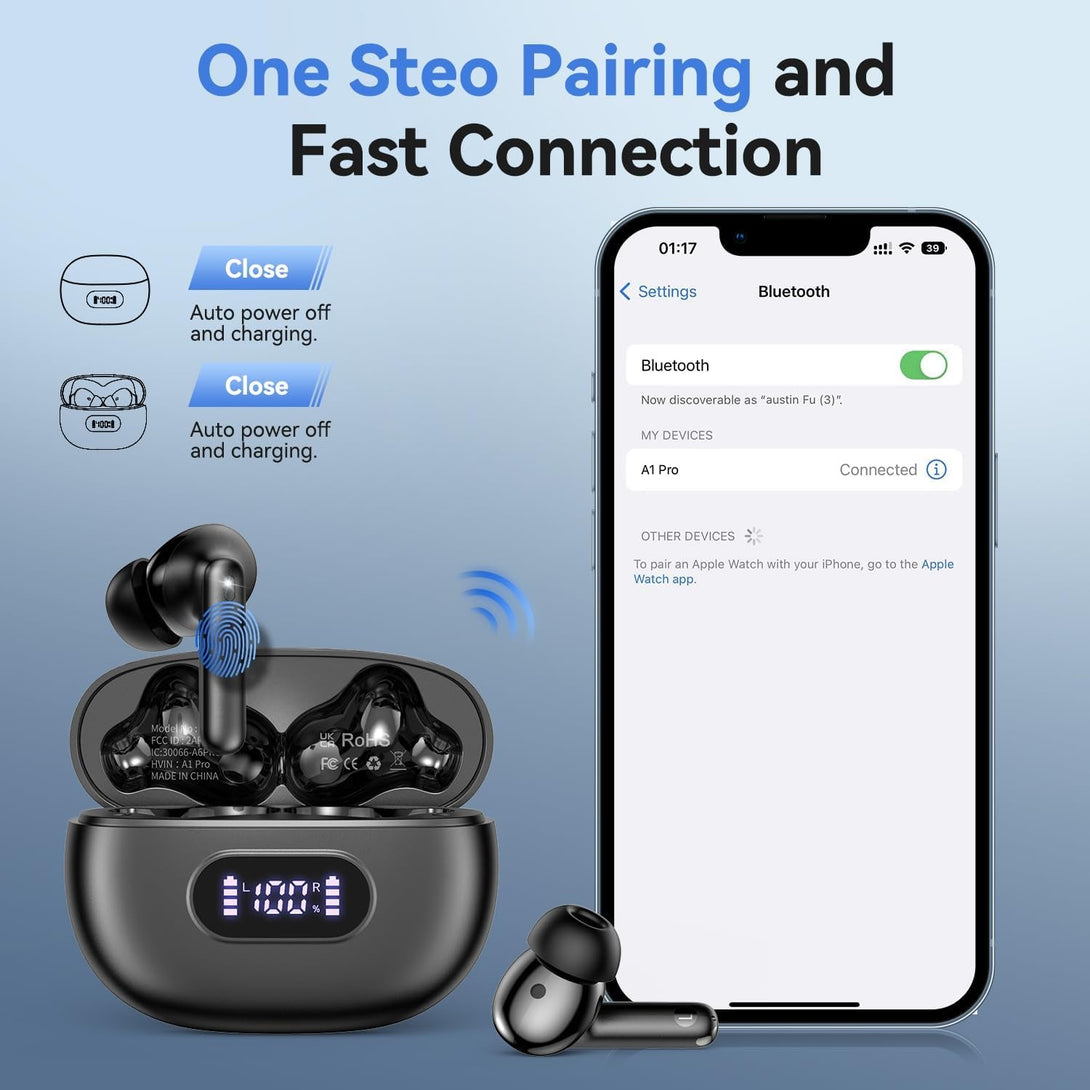 Wireless Earbuds Bluetooth 5.4 Headphones Deep Bass and Noise Cancellation, 50 Hrs Playtime Bluetooth Ear Buds Led Display Wireless Headphones, IPX7 Waterproof Earphones for Android Ios Glossy Black