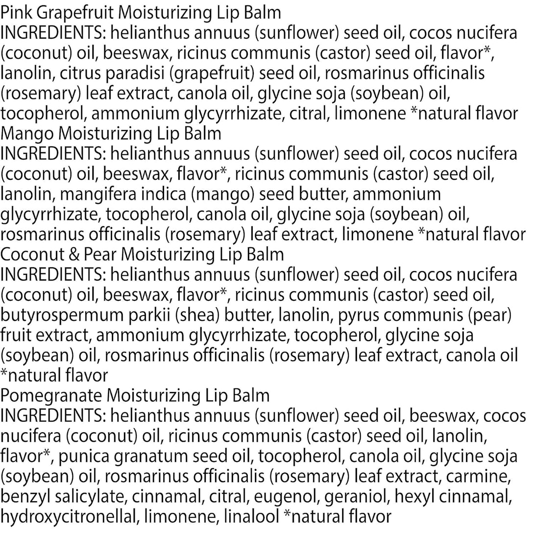 Burt'S Bees Lip Balm - Pink Grapefruit, Mango, Coconut & Pear, and Pomegranate Pack, Lip Moisturizer with Beeswax, Tint-Free, Natural Origin Conditioning Treatment, 4 Tubes, 0.15 Oz.