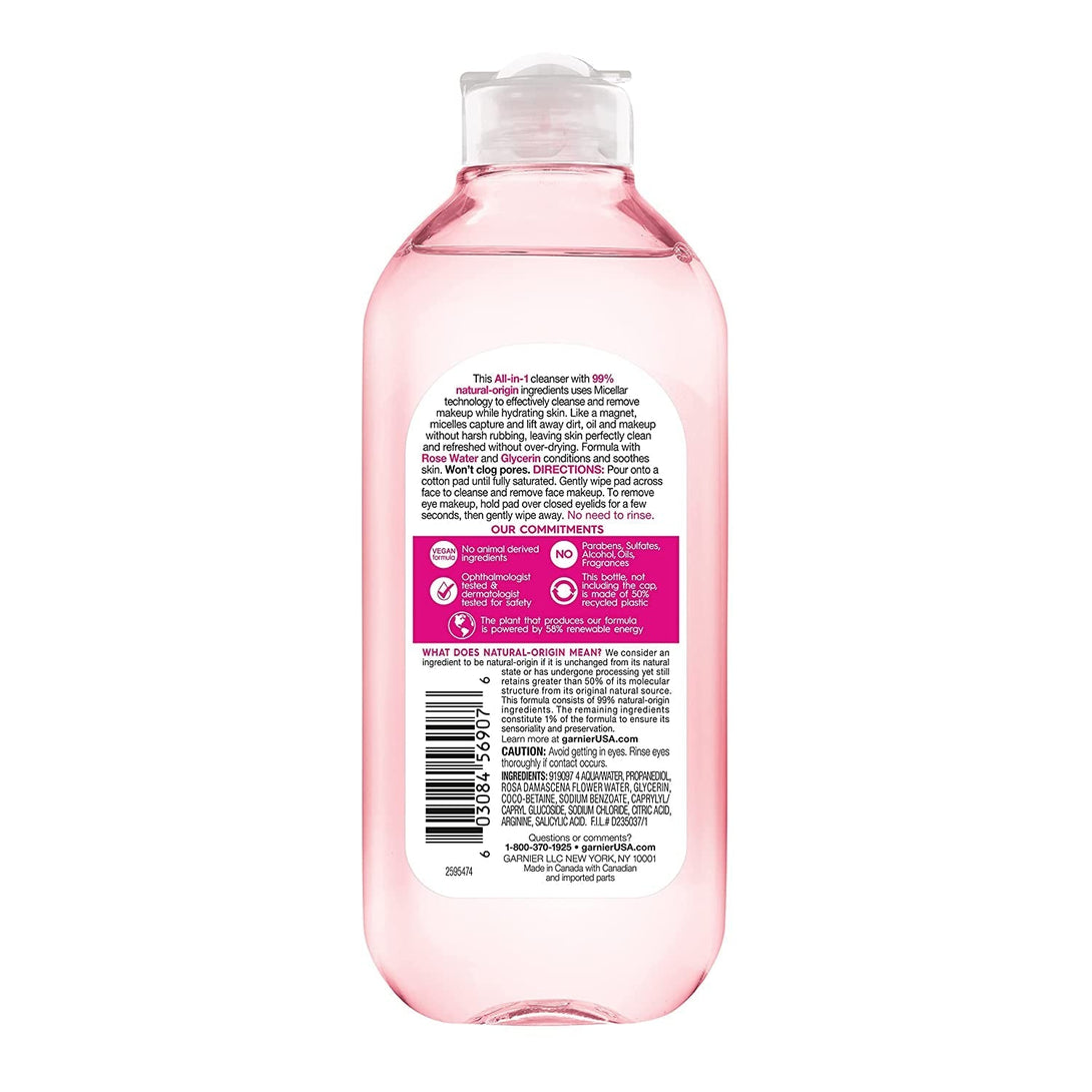 Garnier Micellar Water with Rose Water and Glycerin, Hydrating Facial Cleanser & Makeup Remover, for All Skin Types, Vegan, Cruelty Free, 13.5 Fl Oz (400Ml), 1 Count