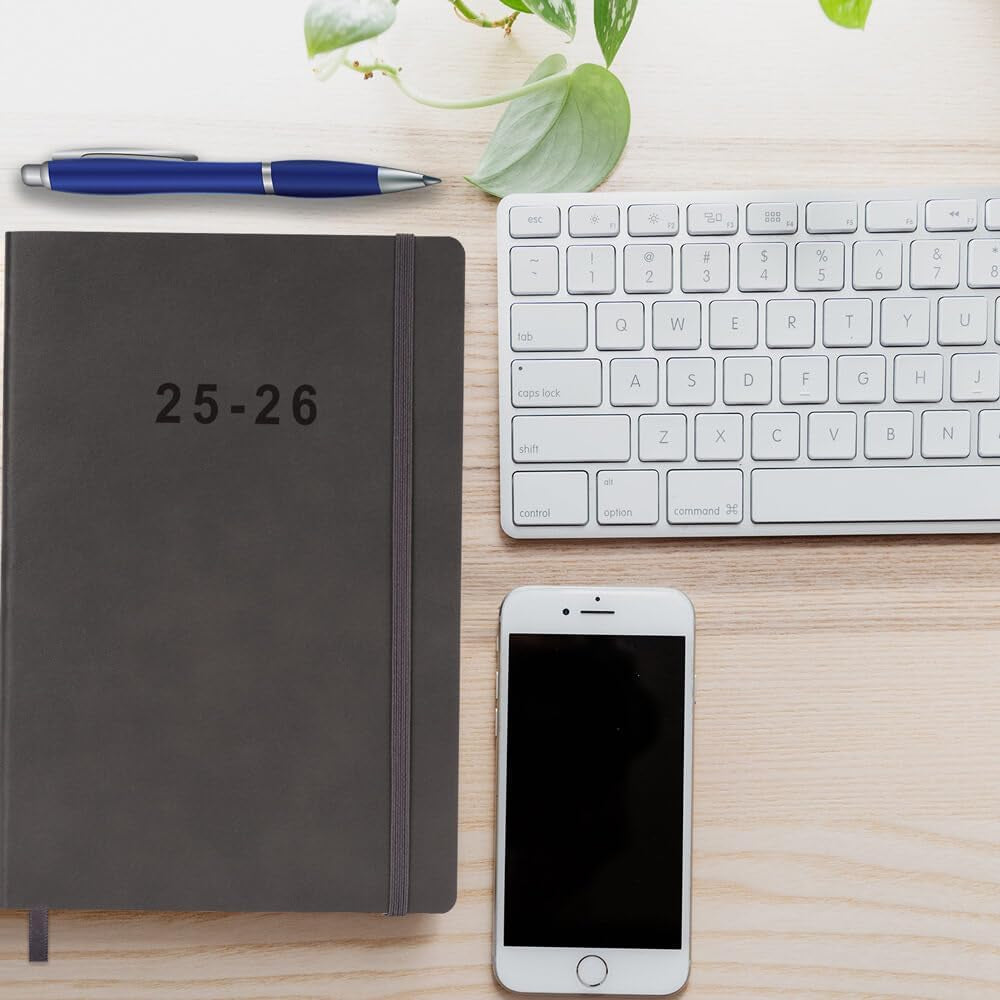 2025-2026 Planner - Weekly and Monthly Planner, July 2025 - June 2026, Holidays, Contacts and Notes Pages, Vegan Leather Cover, Elastic Closure, 5.5”X8.25”, Grey