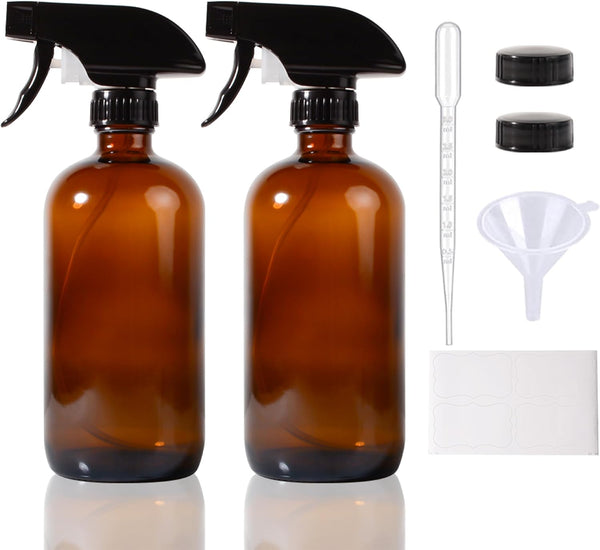 Amber Glass Spray Bottles,16Oz Large Refillable Spray Bottle for Cleaning, Essential Oils, Plant and Hair Care,Nozzle with Fine Mist and Stream Setting(2 Pack)