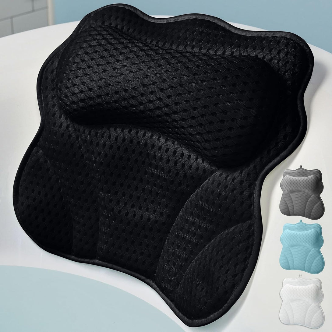 Wonderfoam Thick Padded Ergonomic Bath Pillow for Tub, Bathtub Headrest Neck and Back Support, Strong Suction Cups, Machine Washable Breathable Mesh Quick Dry Pillows, Luxury Spa Accessories, Black