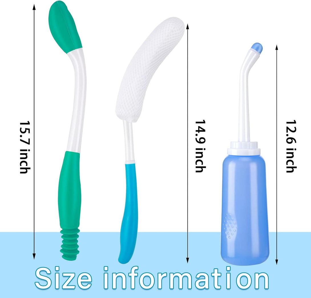 3 Pcs Extended Reach Comfort Kit Portable Bidet Body Brush and Toilet Aids for Wiping Set, Elderly Assistance Butt Cleaner Shower Brush Travel Bidet for Pregnant Physically Challenged Bath Tools