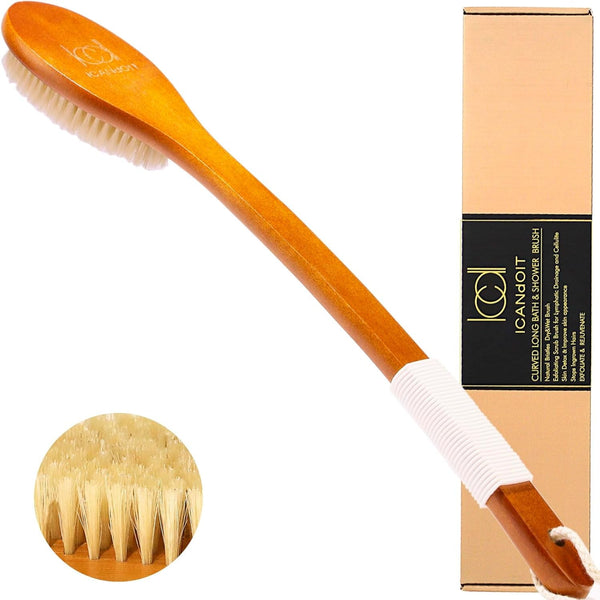 Icandoit-17.71Inch Natural Boar Bristles Anti-Slip Curved Long Handle Bath Brush,Bent Handle Shower Scrubber for Exfoliating,Shower Back Brush