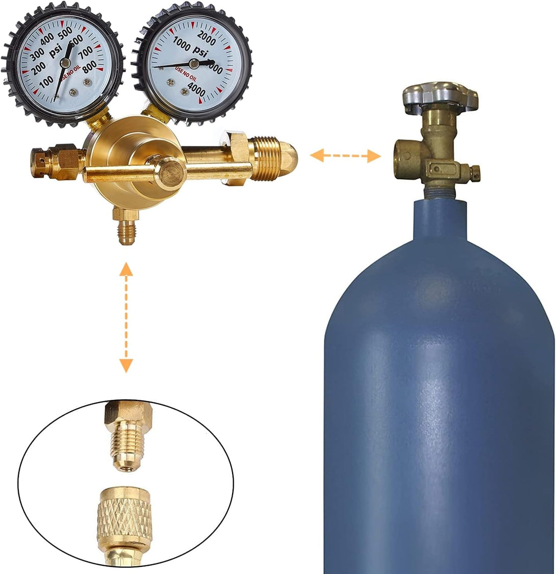 Nitrogen Helium Regulator 0-800PSI Delivery Pressure CGA580 Inlet，1/4 in Male Flare Outlet Connection, Full Brass Body with Heavy Duty Handle for HVAC Purge