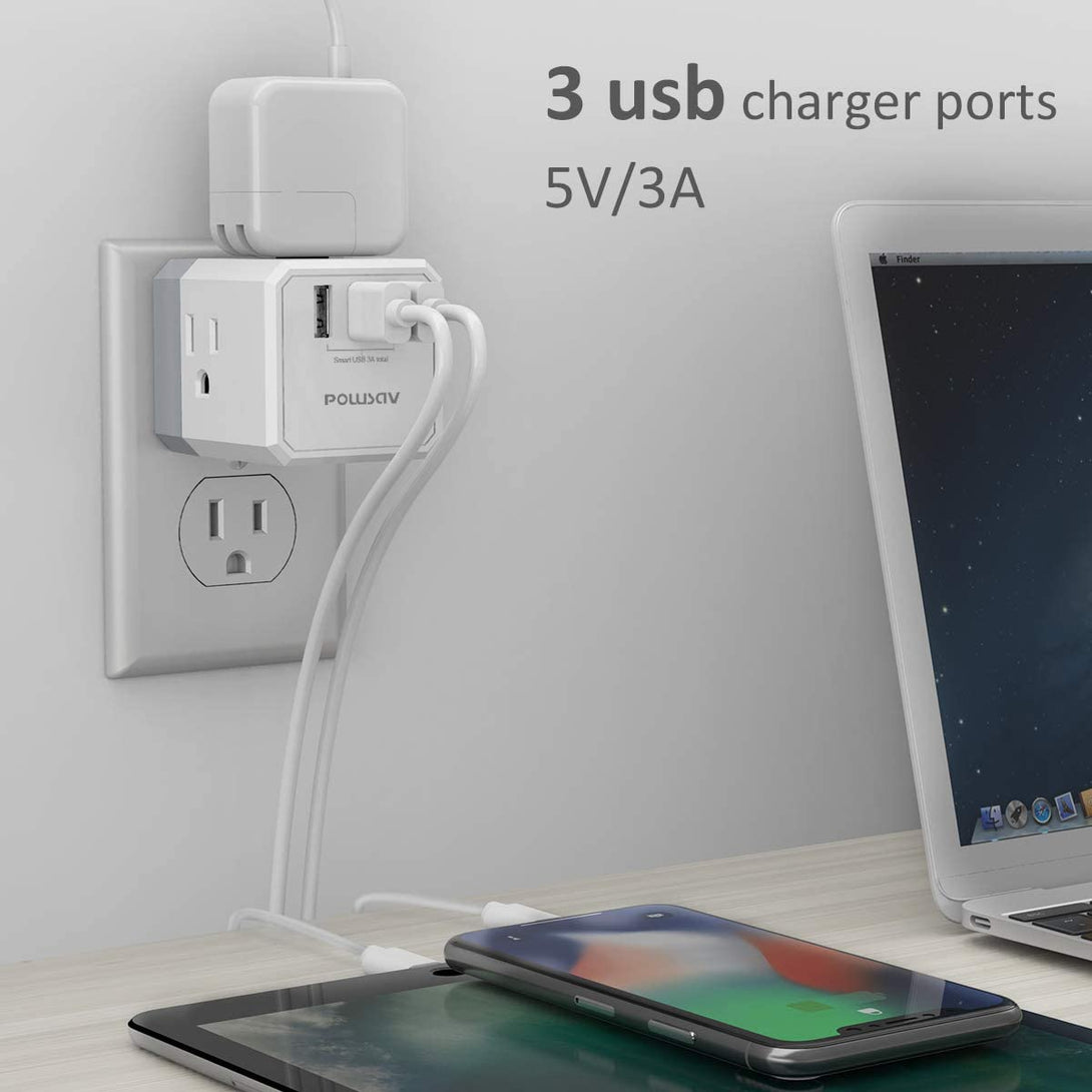 3-Outlet USB Wall Charger and Extender with 3-Way Splitter, ETL Listed - for Home, Office, Cruise Ship