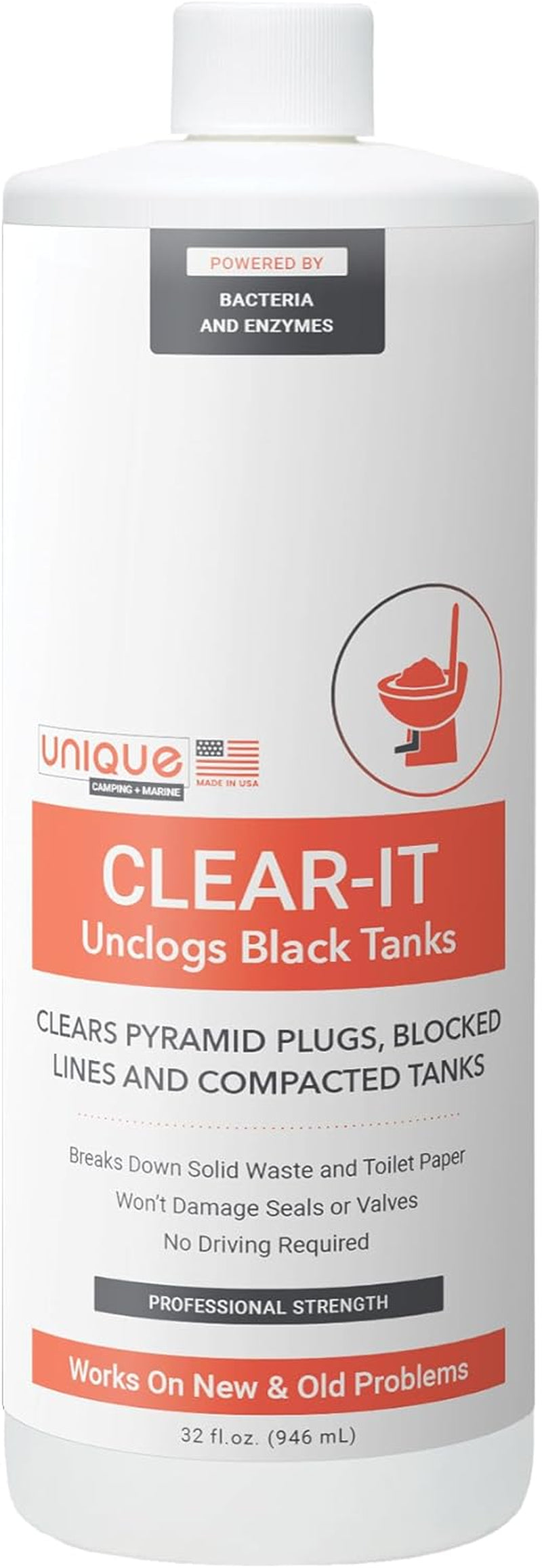 Unique Clear-It RV Black Tank Unclogger Liquid - Unclogs Camper Black Water Holding Tanks, Breaks through Pyramid Plugs, Compacted Tanks, and Clogged Pipes - Formerly Tank Cleaner (32 Oz.)