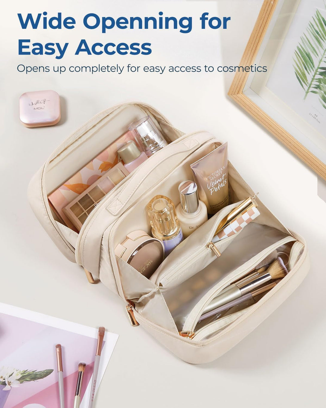 BAGSMART Travel Makeup Bag, Make up Bag with Multiple Compartments for Organizer, Durable & Compact Cosmetic Organizer for Women for Travel Accessories (Beige)