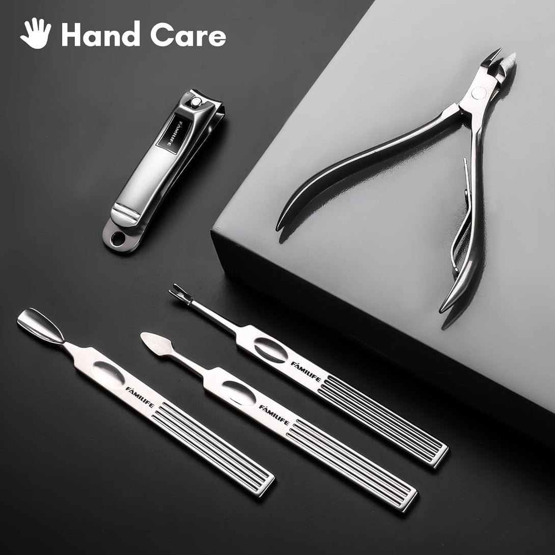 FAMILIFE Manicure Set, Professional Manicure Kit Nail Clippers Set 11 in 1 Stainless Steel Pedicure Tools Kit Nail Kit Men Grooming Kit with Portable Brown Leather Travel Case Luxury Gifts for Him