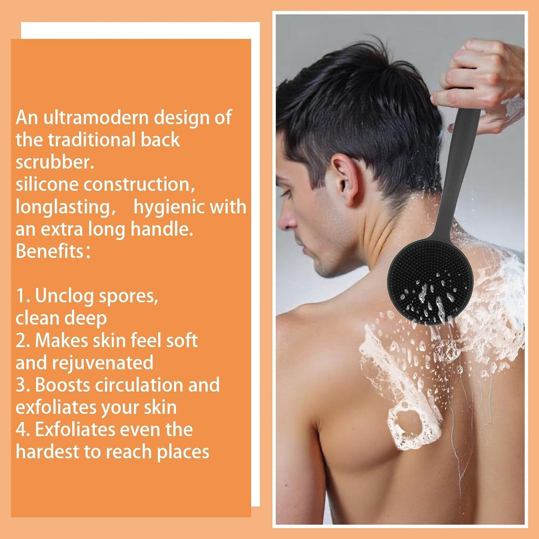 Silicone Back Scrubber for Shower Bath Body Brush Exfoliating Shower Brush Short Handle Back Scrubber for Men Long Lasting Bath & Shower Accessories