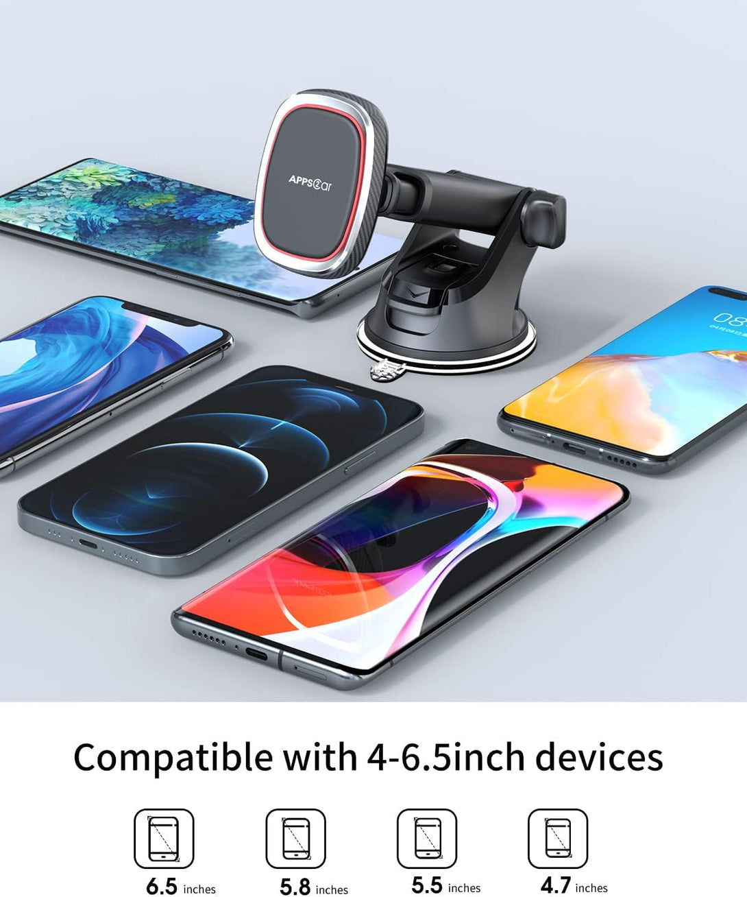 Apps2Car Magnetic Phone Mount, Dashboard Windshield Suction Cup Car Phone Holder Phone Mount with 6 Strong Magnets, Adjustable Telescopic Arm, Compatible with Iphone/Pro/Max/All Smart Phones