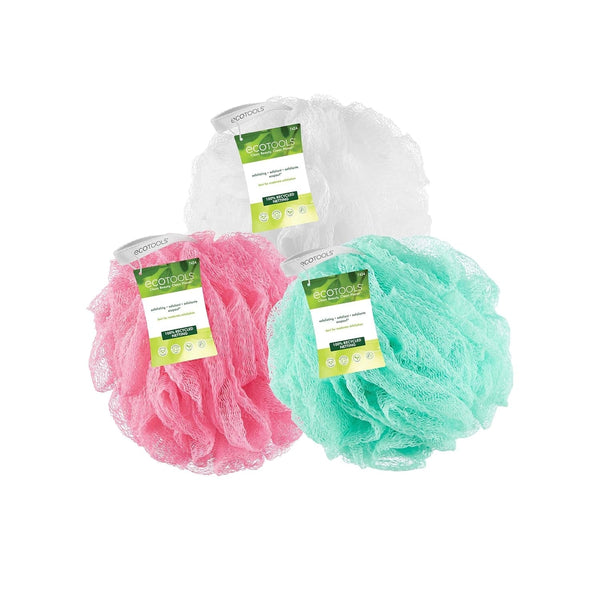 Ecotools Exfoliating Ecopouf 3 Pack, Shower Loofah Scrubs & Cleanses, Pouf with Recycled Netting, Exfoliation Removes Dead Skin, Eco-Friendly Bath Accessory, Cruelty-Free, Color May Vary, (60G Each)