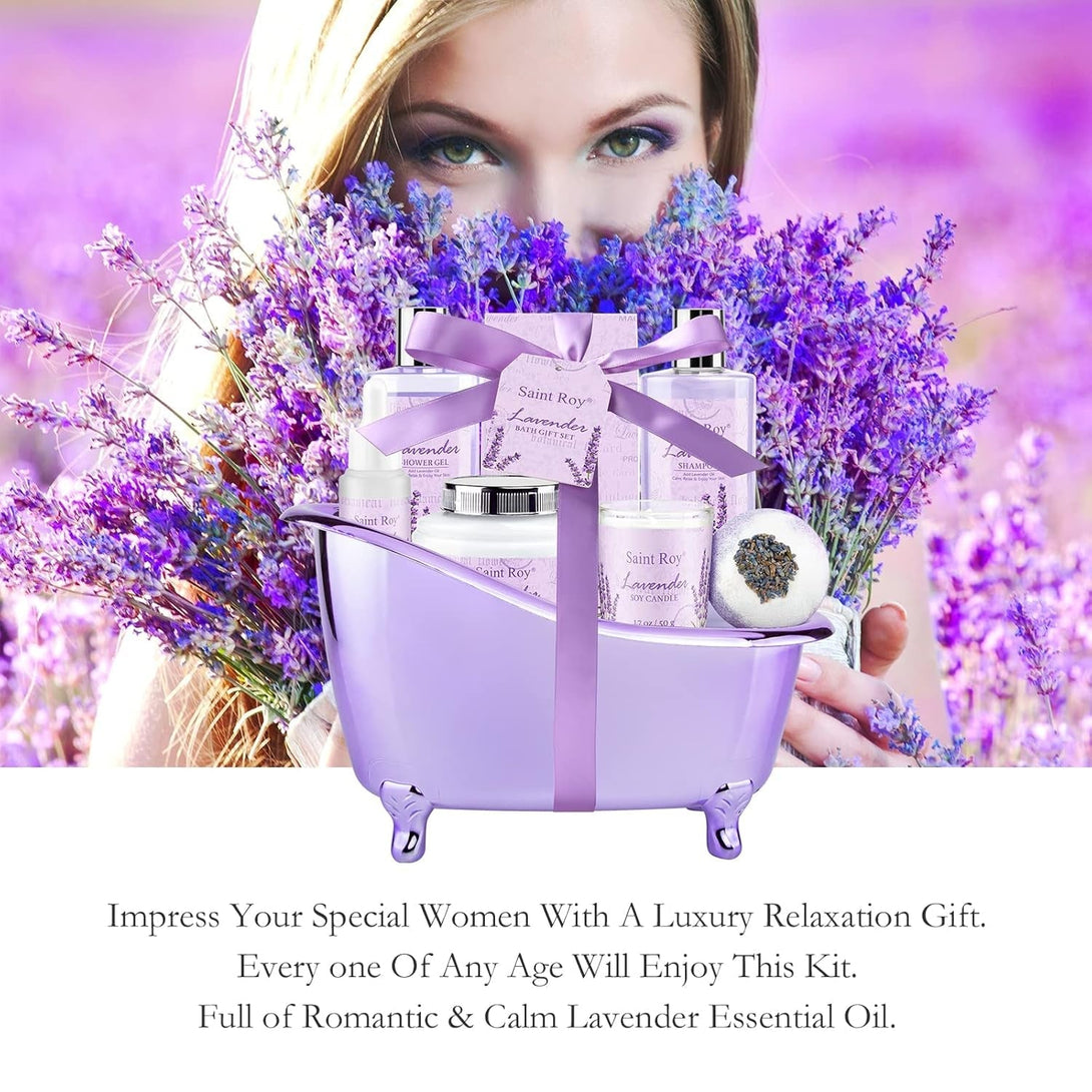 Lavender Scented Gifts for Mom Spa Gift Baskets for Women - Spa Baskets for Women Gift Lavender Gifts for Women, Bath Set with Shower Gel, Home Spa Kit Gifts for Her, Christmas, Mothers Day