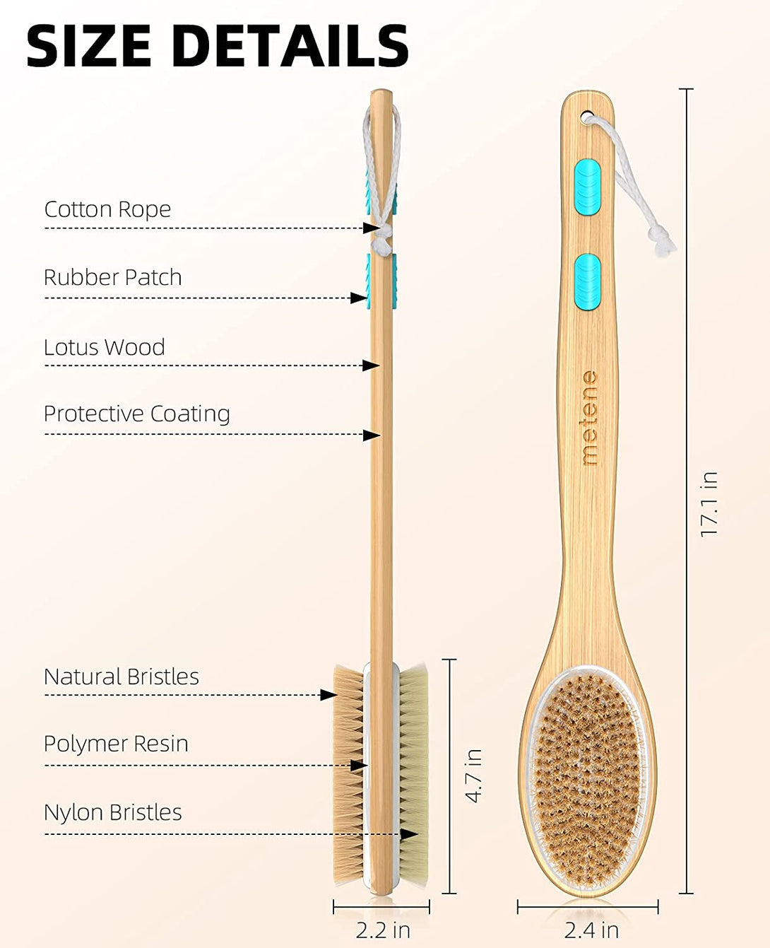 Metene 2 Pack Shower Brush with Soft and Stiff Bristles, Bath Dual-Sided Long Handle Back Scrubber Body Exfoliator for Wet or Dry Brushing