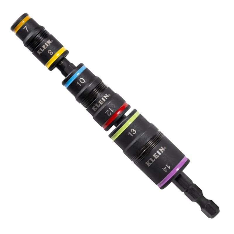 Klein Tools 32933M 6-in-1 Metric Impact Socket Set, 3 Flip Sockets with 7, 8, 10, 12, 13 and 14 mm Nut Driver Sizes, Impact Rated 5-Inch Shaft