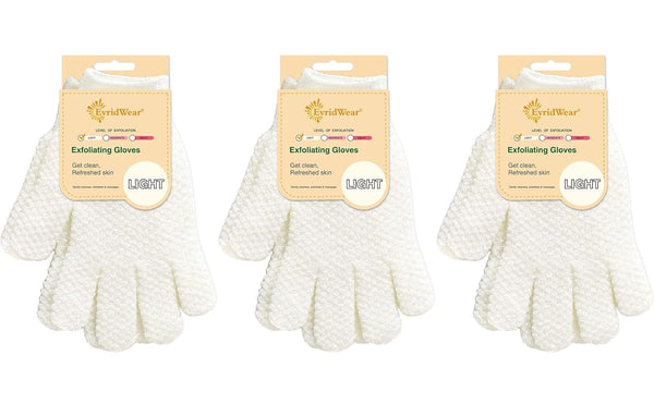 Evridwear Exfoliating Gloves for Shower, 100% Nylon Thick Soft Medium Heavy Bathing Gloves Dead Skin Remover Body Scrubber Smooth Skin with Hang Loop, 3 Pairs Light White