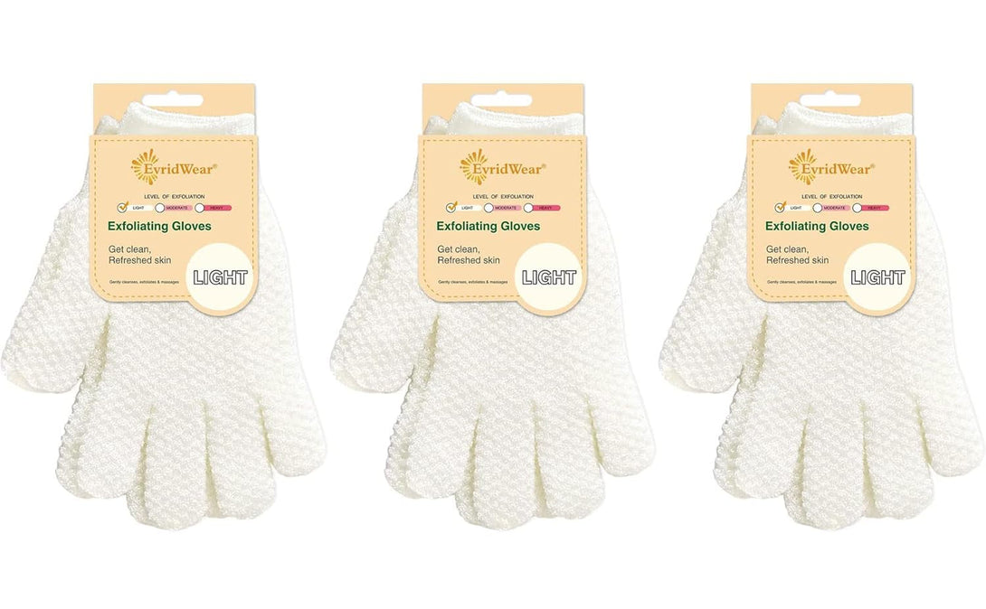 Evridwear Exfoliating Gloves for Shower, 100% Nylon Thick Soft Medium Heavy Bathing Gloves Dead Skin Remover Body Scrubber Smooth Skin with Hang Loop, 3 Pairs Light White