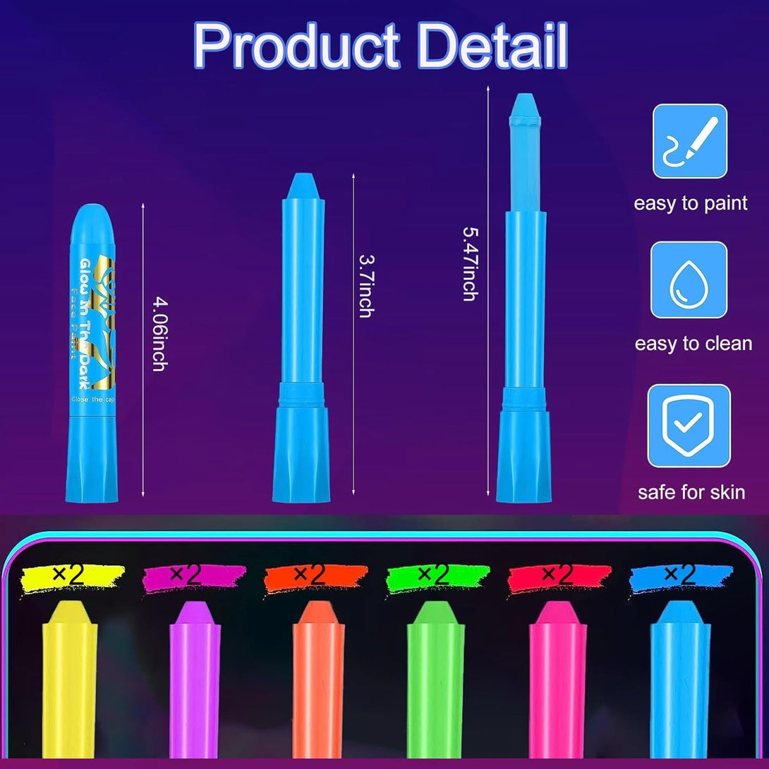 12 Pieces Glow Blacklight Face & Body Paint Makeup, Glow in the Dark Face Painting Kit Neon Paint Sticks for Kids Adult Halloween Glow Party