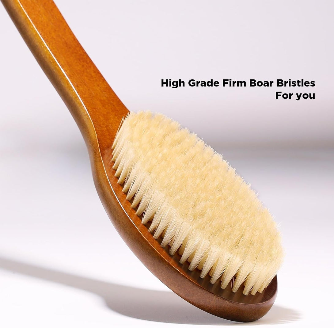 Icandoit-17.71Inch Natural Boar Bristles Anti-Slip Curved Long Handle Bath Brush,Bent Handle Shower Scrubber for Exfoliating,Shower Back Brush