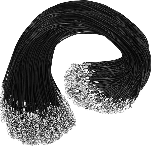 100Pcs Premium Leather Necklace Chains Bracelet Cord with Clasps for Pendants, Bulk Waxed Rope Necklace String, Black , 18" for Jewelry Making Supplies, 1.5Mm DHOOZ