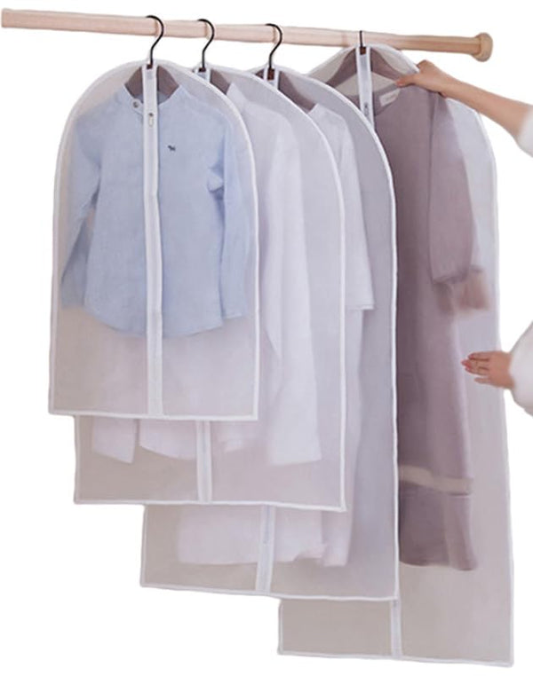 Clear Hanging Garment Bag With Study Zipper Plastic Clothing Dust Cover Closet Suit Protector Storage Bags White 4pcs