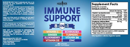NEW AGE 8 in 1 Immune Support Booster Supplement with Echinacea, Vitamin C and Zinc 50Mg, Vitamin D 5000 IU, Turmeric Curcumin & Ginger, B6,