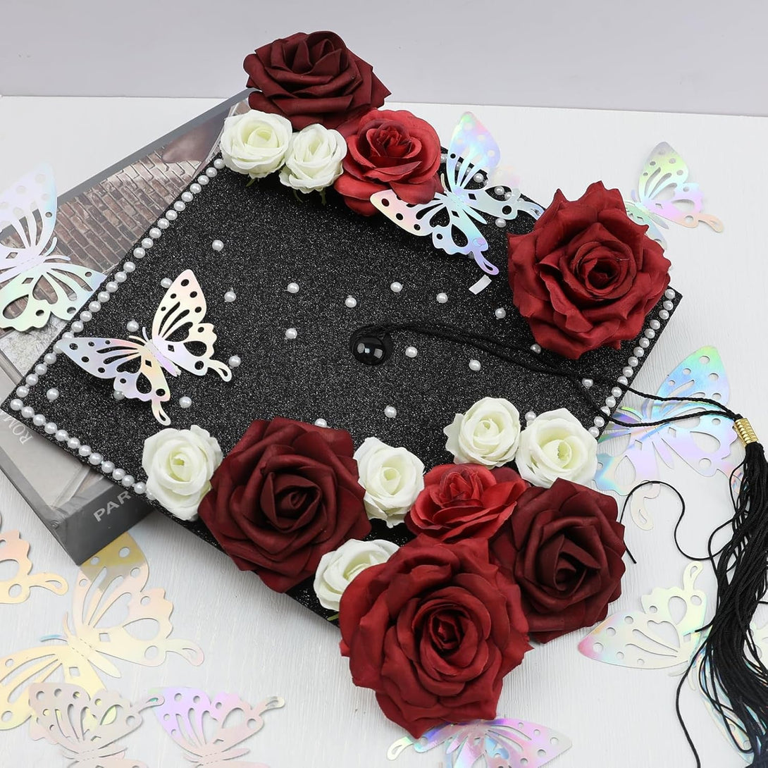 Nagobi DIY Graduation Cap Decorations Accessory Kit, Cap Decorations for Graduation 3D Faux Rose Flower Heads Butterfly for Grad Hats Decor Pearl Stickers Alphabet Letter Stickers (Red White)