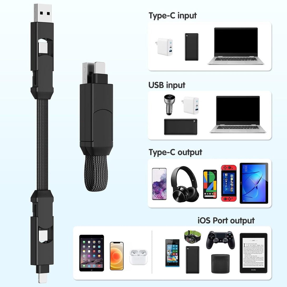 Multi Keychain Charging Cable Travel Portable Charger Cable Magnetic 4 in 1 USB C Cable Compatible with IP 15/15 Pro/ 15 Plus/ 15 Pro Max/Macbook/Galaxy (Lava Black)