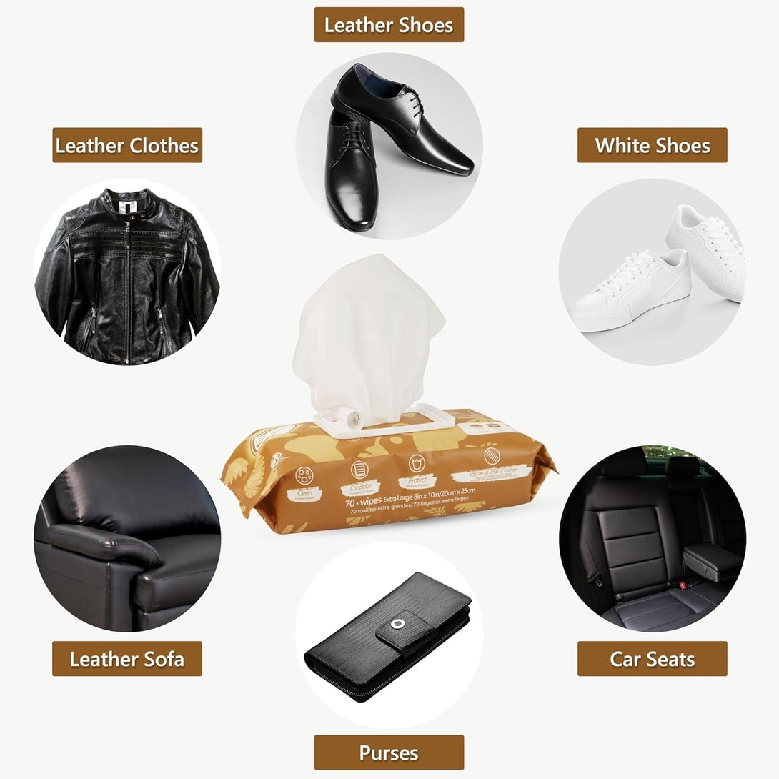 Air Jungles 3In1 Leather Cleaner Wipes 70 Count, Extra Large 8" X 10" Size, Clean Condition Protect Wipes for Vinyl and Leather Apparel Furniture Auto Car Interior Shoes Boots Bags