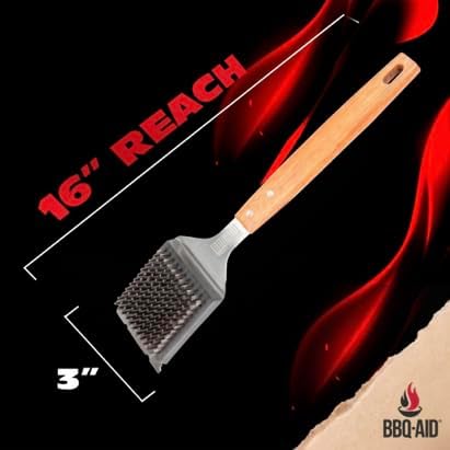 BBQ-Aid Grill Brush and Scraper for Barbecue – Grill Brush for Outdoor Grill with Extended, Large Wooden Handle and Replaceable Stainless Steel