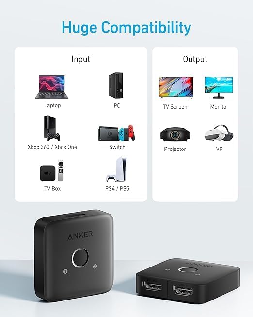Anker HDMI Switch, 4K@60Hz HDMI Switcher, 2 in 1 Out with Smooth Finish, Supports HDR, 3D, Dolby, Compatible with Laptops, PC, Xbox Series, PS5 /