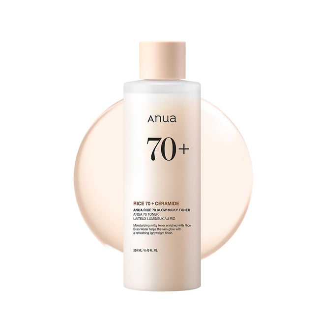 ANUA Rice 70 Glow Milky Toner, for Glass Skin, Rice Water, Niacinamide, Ceramides, Panthenol, Fragrance-Free, Non Comedo