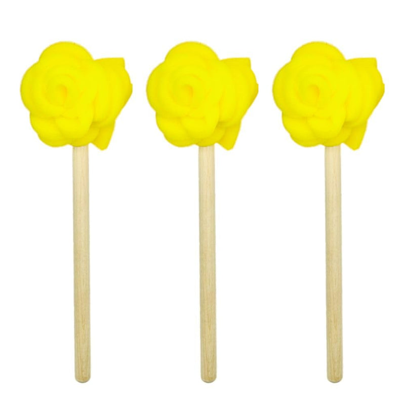 Jetz-Scrubz Flower Rose Foam Dish Mops with Solid Birch Wood Handles, 3-Pack, Made in USA (Yellow)