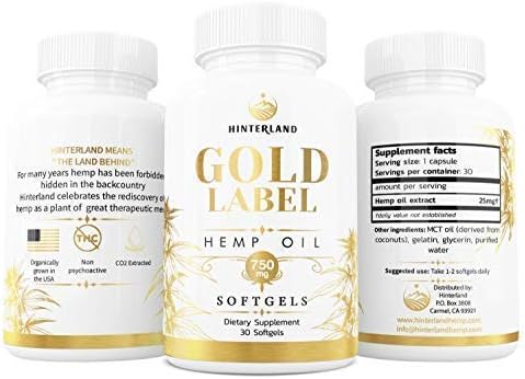Hinterland Gold Label Hemp Oil Softgels, 25Mg Capsules for Wellness, Organic USA