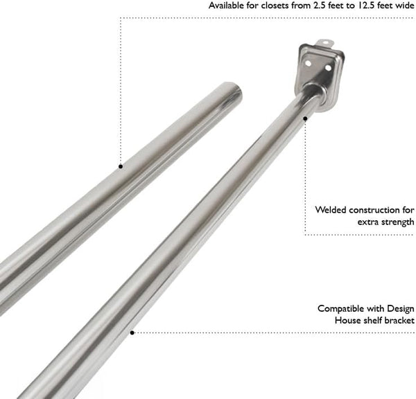 Design House Closet Rod, Adjustable, 27-Inches to 48-Inches, Steel Construction, Polished Chrome, 2.75 in. D x 42.0 In. L, 206045 Polished Chrome 48"