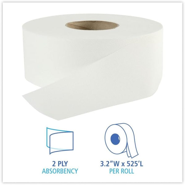 Boardwalk SOD410320 3.2 In. X 525 Ft. 2 Ply Septic Safe Jumbo Roll Bathroom Tissue - White (12/Carton)