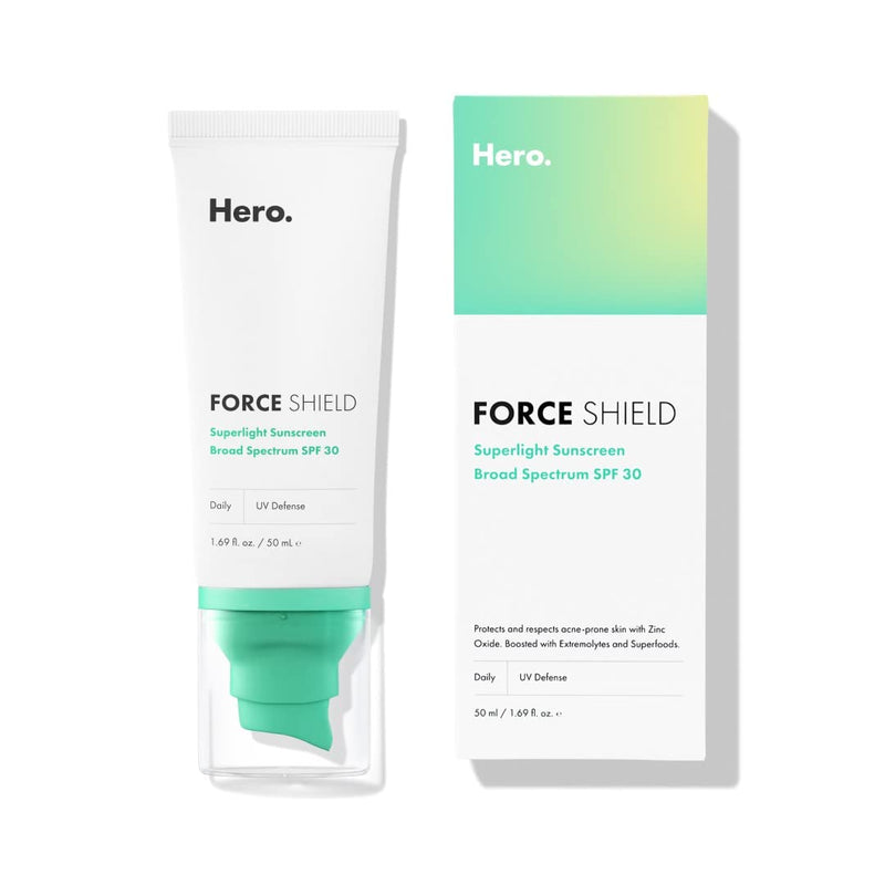 Hero Cosmetics Force Shield Superlight Sunscreen SPF 30 - Everyday SPF 30 for Acne-Prone Skin with Zinc Oxide, Green Surge, and Extremolytes -