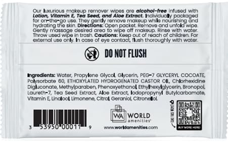 World Amenities - Makeup Remover Wipes - Alcohol Free - Vitamin E Face Wipes for Sensitive Skin Comfort - Individually Wrapped - Travel Friendly