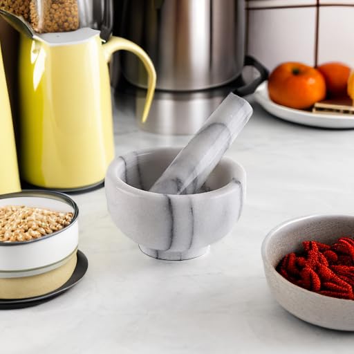 Greenco Mortar and Pestle Set, White Marble Stone Mortar and Pestle Grinding Bowl, Small 4.5 Inches, Kitchen Essential for Spices, Guacamole and