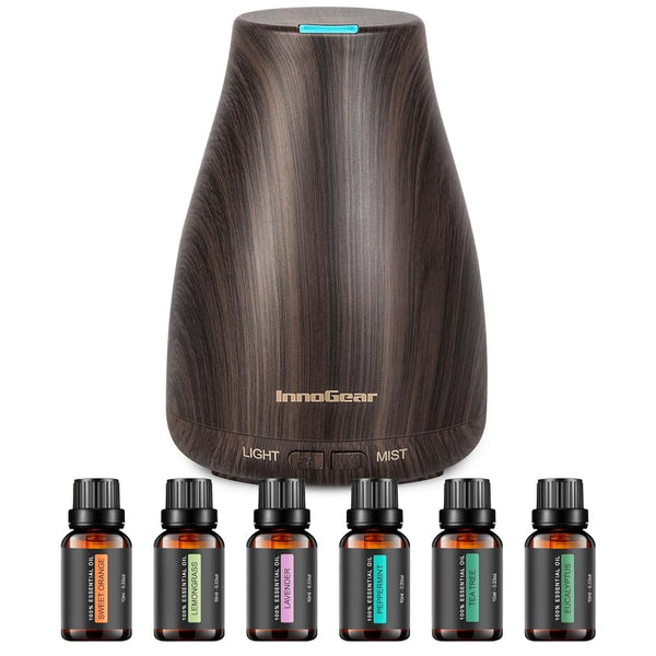 Innogear Essential Oil Diffuser with Oils, 100Ml Aromatherapy Diffuser with 6 Essential Oils Set, Aroma Cool Mist Humidifier Gift Set, Dark Wood Grain