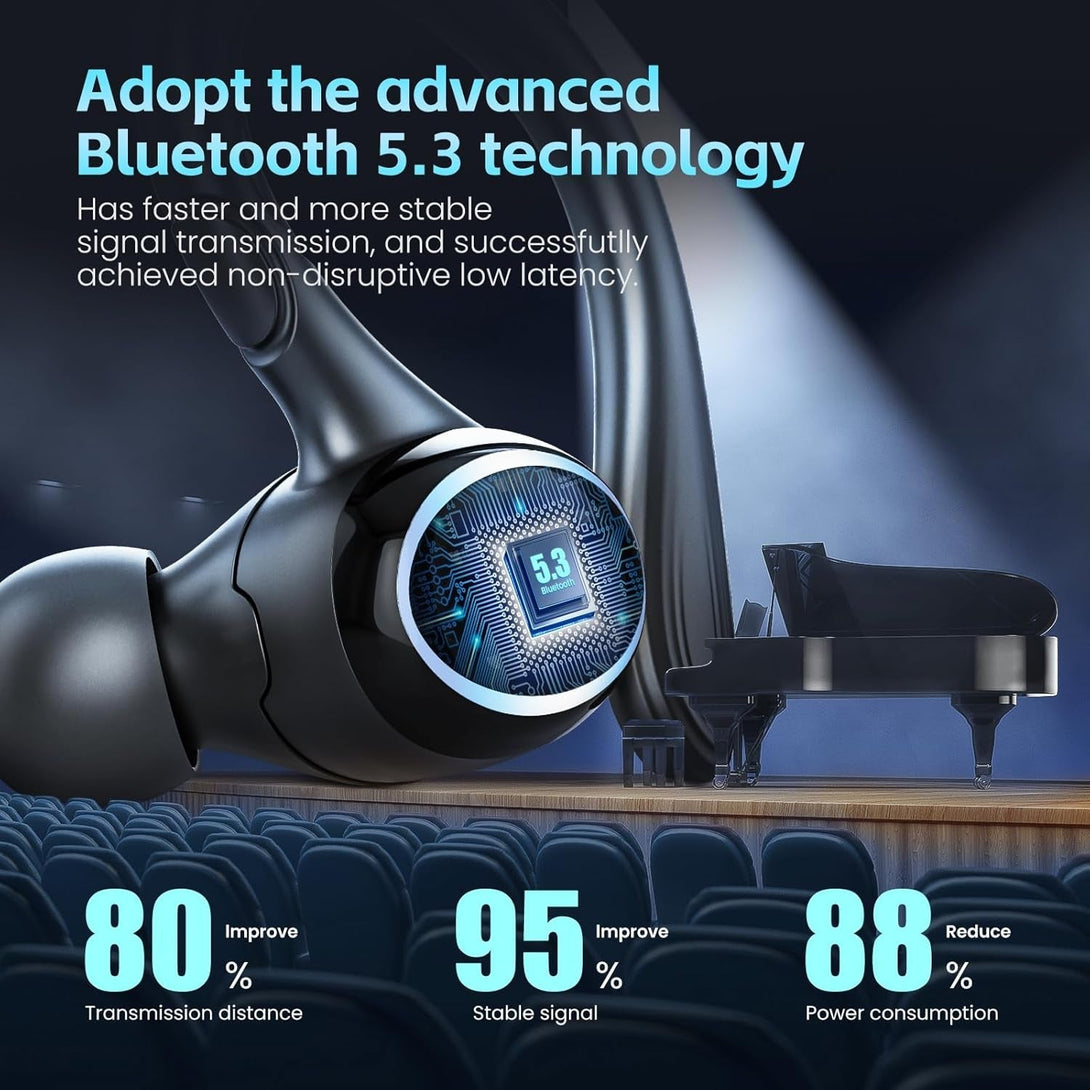 Wireless Earbuds Bluetooth 5.3 Headphones Stereo Ear Buds, ENC Noise Cancelling Mic,Ipx7 Waterproof Earphones with Hook for Android Ios Smart Phone Laptop Computer Sports - Black
